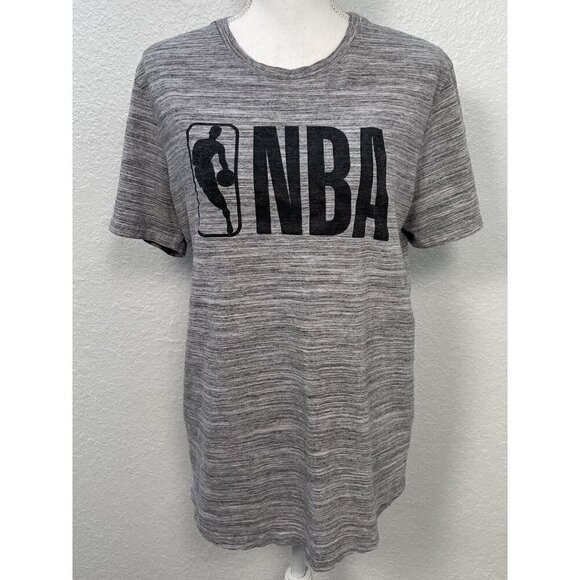 NBA Womens LARGE Heather Gray Black Logo Graphic Round Hem S/S T-SHIRT Tee EUC - Picture 1 of 6